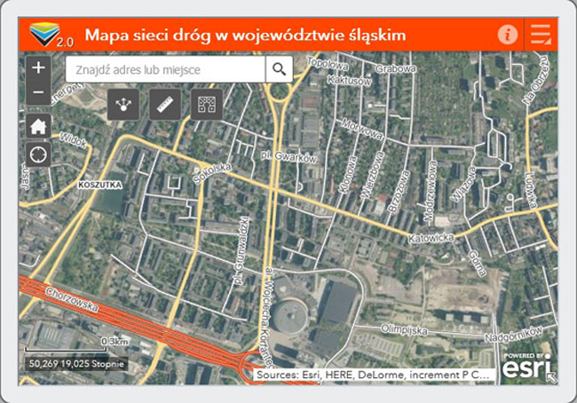 Mapa sieci dróg w województwie śląskim